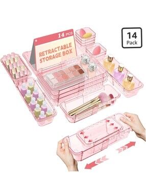 NWT 14-Pcs Pink Acrylic Expandable Drawer Organizer Bins Makeup Office Kitchen